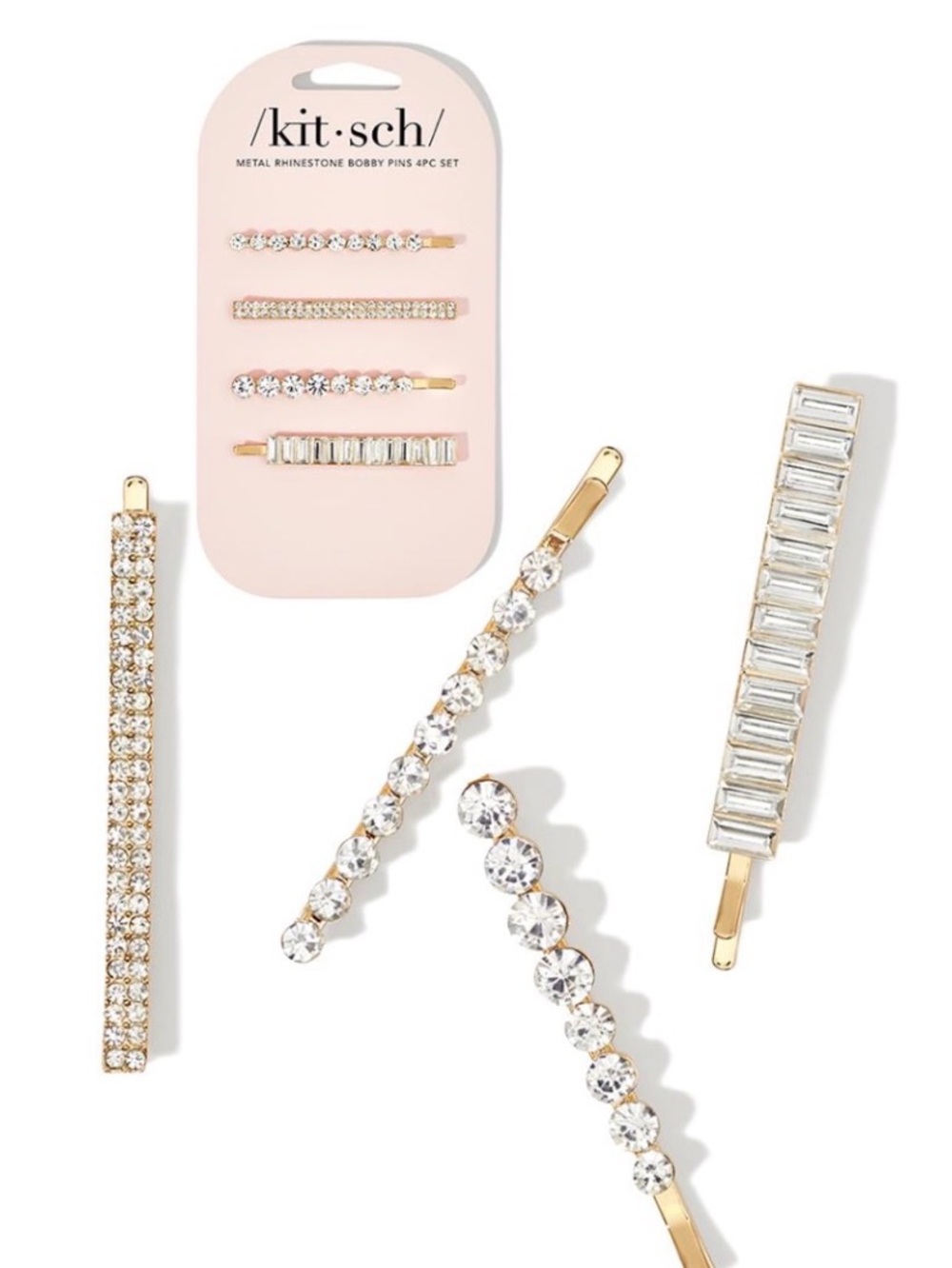 kitsch Gold Crystal Bobby Pin Set - White Rhinestone Hair Clips (4pc)